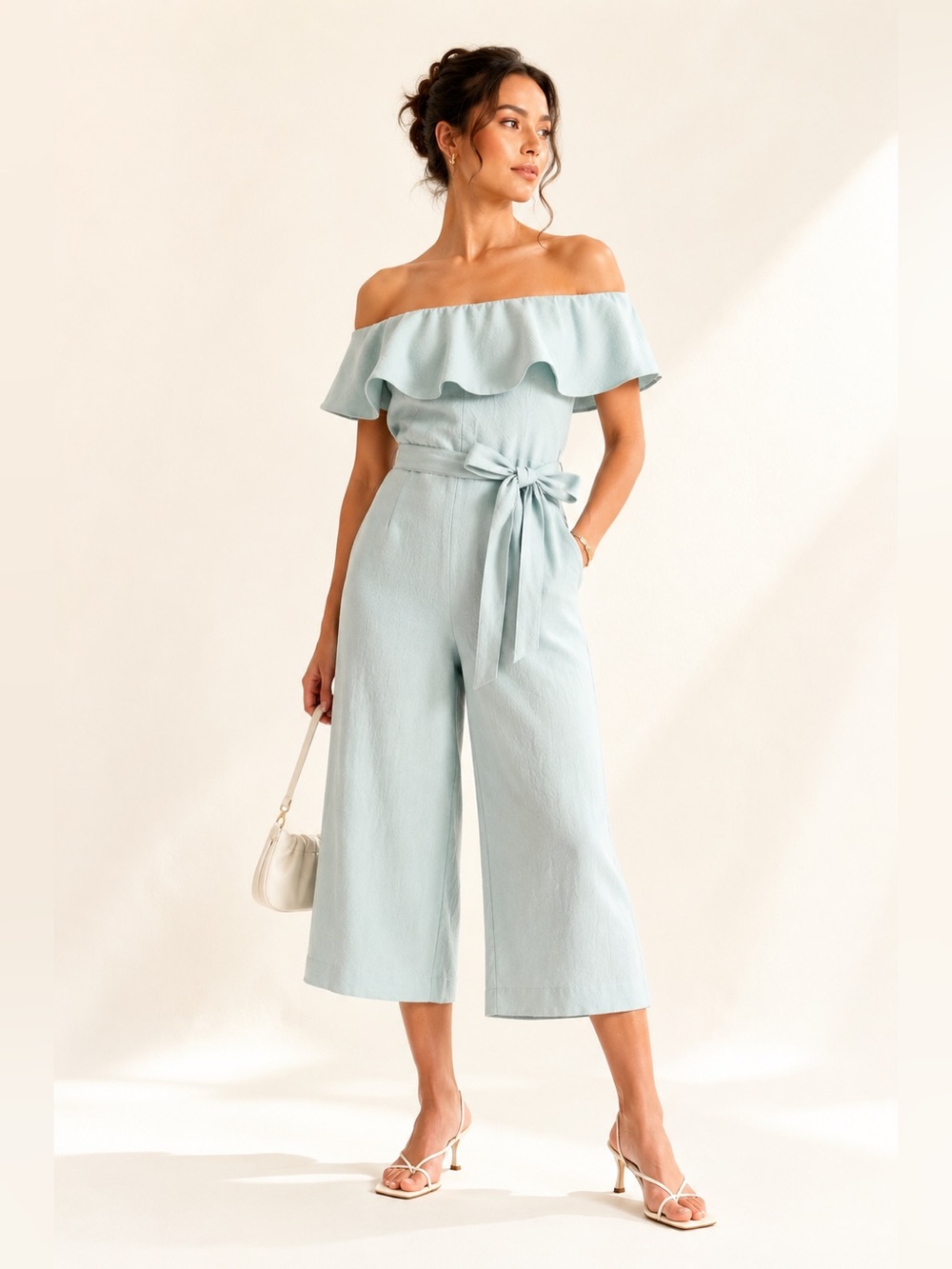 Babaton Off Shoulder Crop Jumpsuit Belted Wide Leg Crepe Mineral Blue Size 2